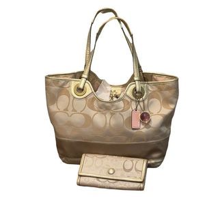 Large Matching Wallet Khaki and Tan Signature C Metallic Fabric Tote 12"L x 5"W